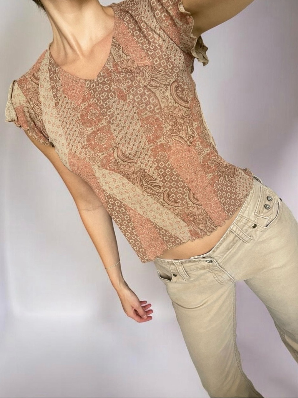 Vintage Y2K Paisley Print V-Neck Top